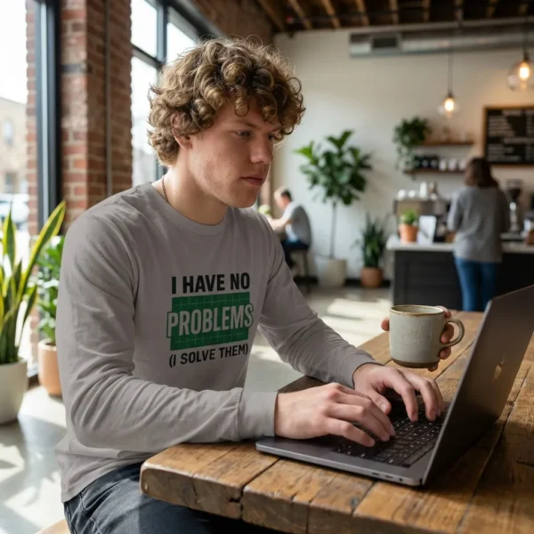 Unisex long sleeve tee in White featuring a green technical HUD grid design with the text 'I HAVE NO PROBLEMS (I SOLVE THEM)