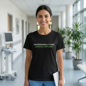 Professionally Tired Clinically Brilliant nurse t-shirt with funny RN quote design