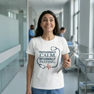 Professionally Calm Internally Beeping t-shirt with stethoscope and red EKG design