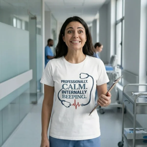 Professionally Calm Internally Beeping t-shirt with stethoscope and red EKG design