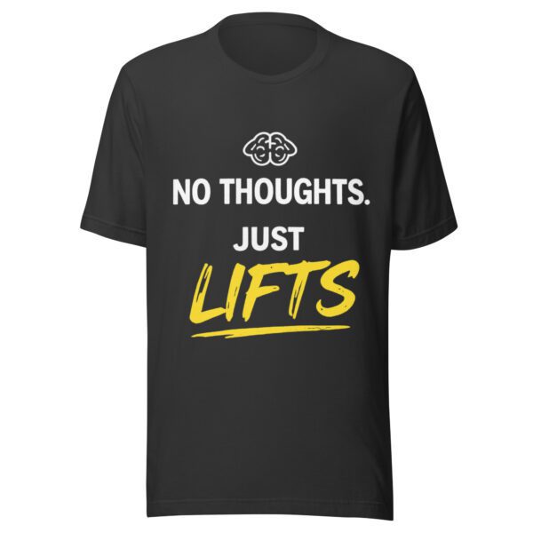 No Thoughts Just Lifts dark grey t-shirt with bold yellow workout typography for gym lovers No Thoughts Just Lifts dark grey t-shirt with bold yellow workout typography for gym lovers