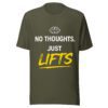 No Thoughts Just Lifts military green t-shirt with funny lifting quote for gym and fitness lovers No Thoughts Just Lifts military green t-shirt with funny lifting quote for gym and fitness lovers